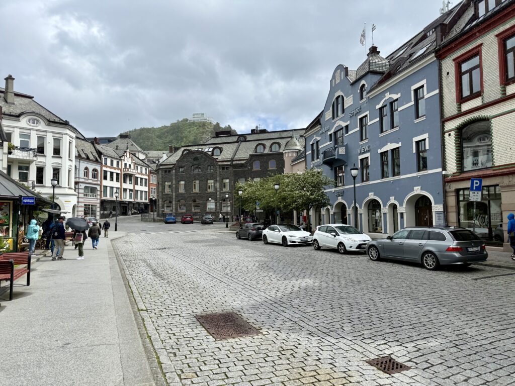 Streets of Ålesund with art nouveau buildings during Norway fjord travel.